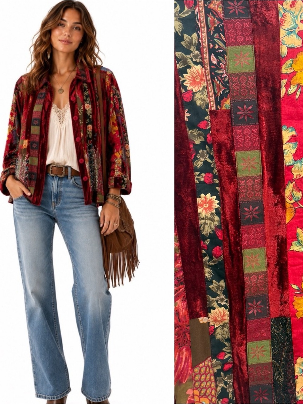 Coldwater Creek Patchwork Jacket PXL Velvet Sequin Floral Boho Red Multi